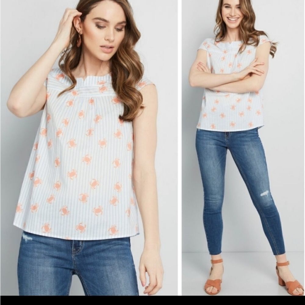 MODCLOTH Personal Persistent Blue White Stripe Crab Shirt Blouse Nautical S